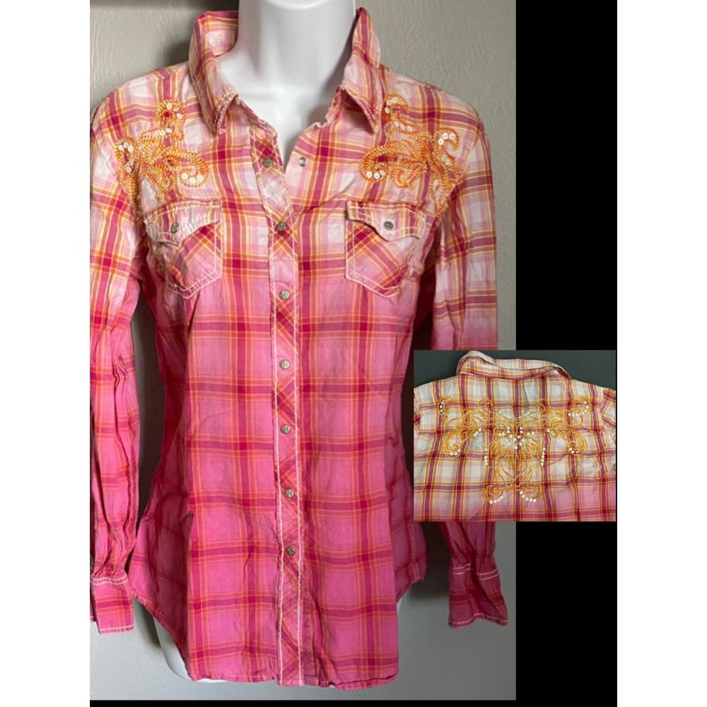 Ariat Plaid Long Sleeve Shirt Womens Large Pink Retro Collared Button Fitted Top